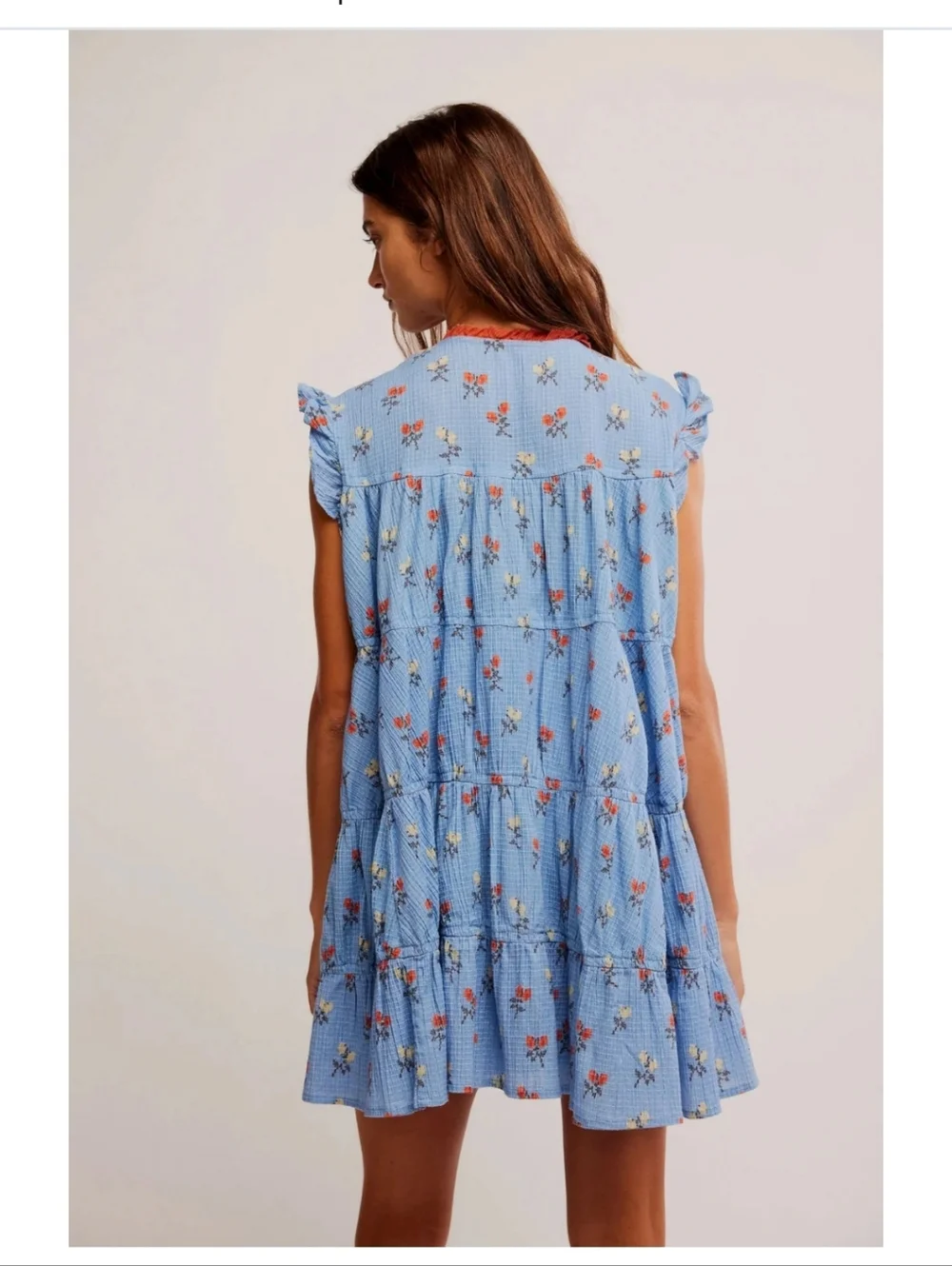 🧢 BE FESTIVAL READY - NWT - Free People Blue Floral Mini Dress with Pink Trim - Picture 3 of 14